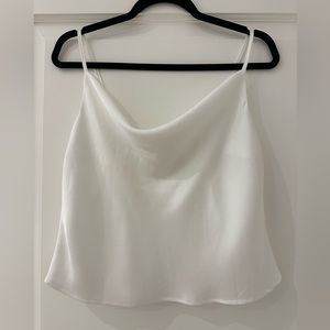 White satin cropped cowl neck spaghetti strap blouse
